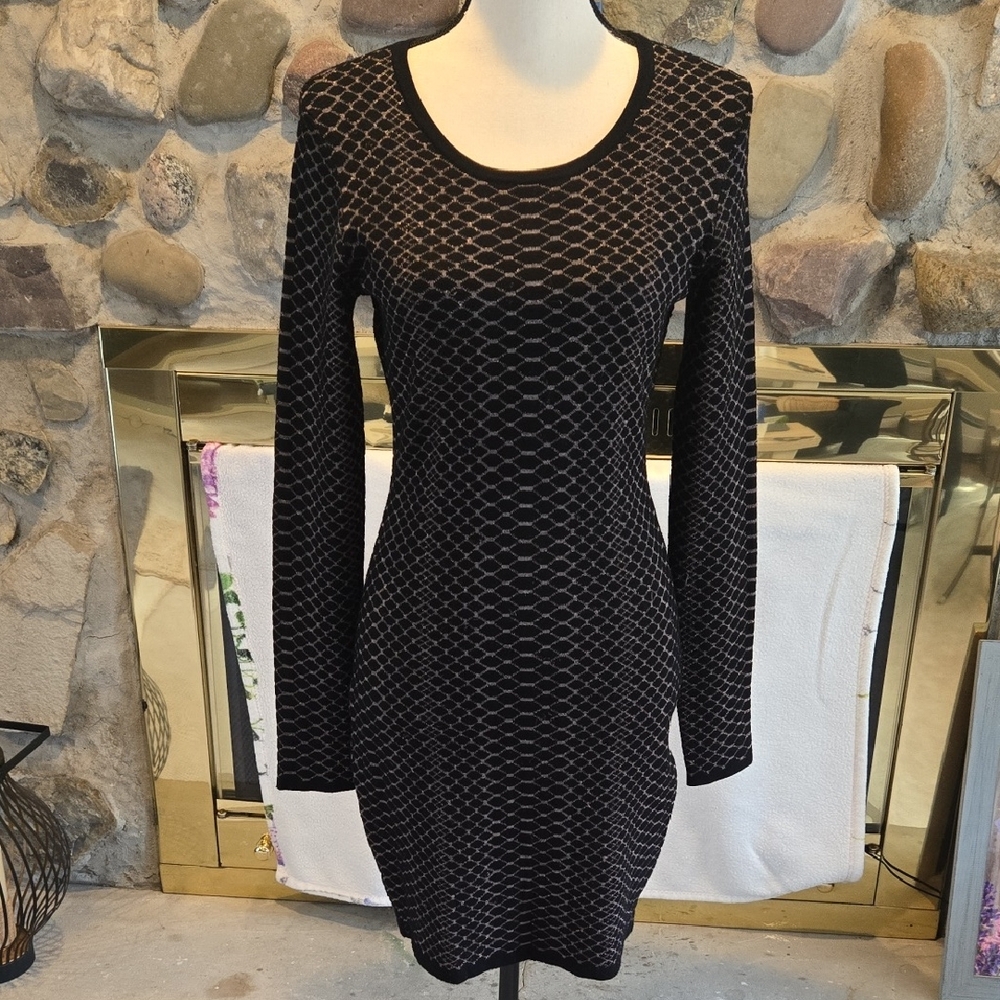 Express Black Geometric Long Sleeve Bodycon Sweater Dress